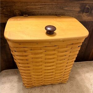 Longaberger Medium Waste Basket w/ Wood Lid & Leather Hinges 2000 Handwoven USA